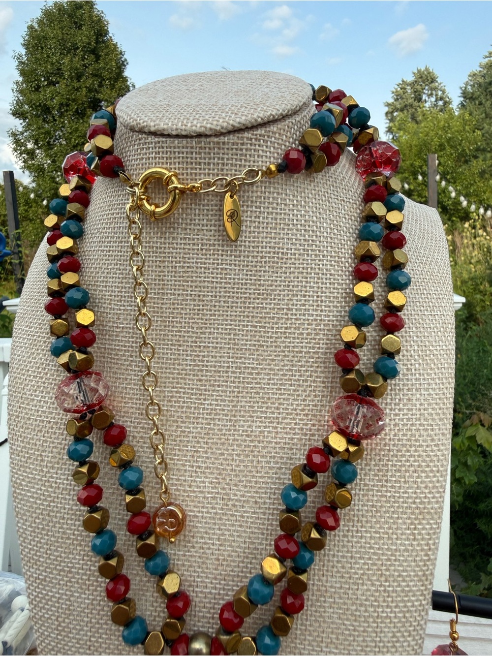 Handmade Glass Beaded Earrings & Necklace with Cloisonné Pendant & Red Tassel - Picture 3 of 7
